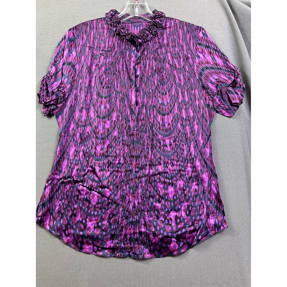 Elie Tahari Purple Black Abstract Ikat Ruffle‎ Neck Pleated Blouse Short Sleeve